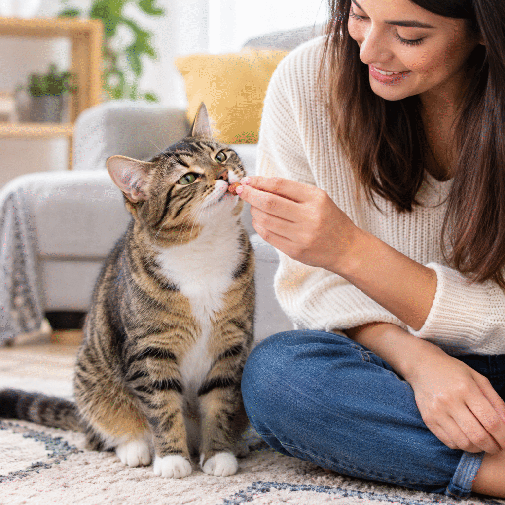 Cat sitting beside its owner and receiving a treat during training